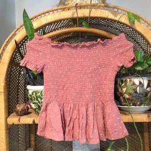 SOLD Japna Mauve Polkadot Peplum Off Shoulder Crop Top